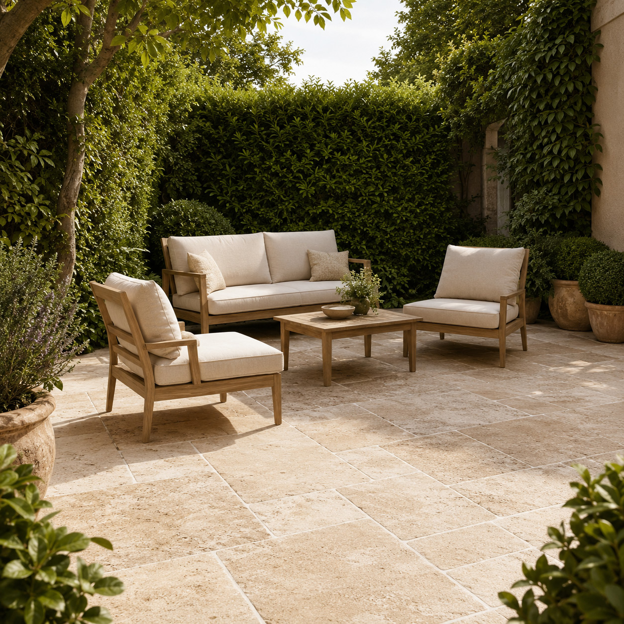 Terrasse mit Travertinplatten im Römischen Verband